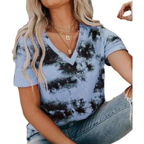 2021 New Womens Tie-Dye Printing T-Shirt Trendy Casual Short-Sleeved V-Neck Summer Tops Simple Vintage Creative Tees Streetwear
