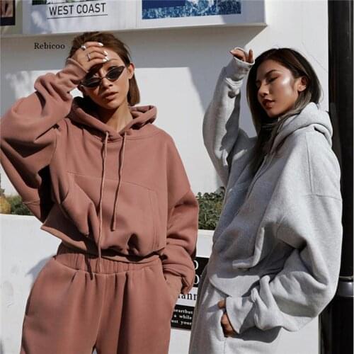 Solid Tracksuit Women Two Piece Set Autumn Winter Clothes Hooded Oversized Sweatshirt Top Sweatpants Sports Jogging Suit Outfits