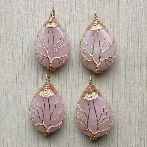 Wholesale 4pcs/lot Gold Color Wire Wrap handmade tree of life drop shape natural pink quartz stone pendants free shipping