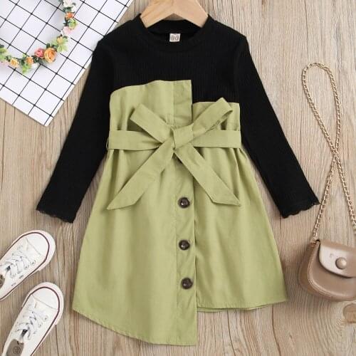 Long Sleeve Autumn Winter Dresses for Girls Knitted Dress with Belt Patchwork Button Dresses Girls Clothes Warm Kids Dresses