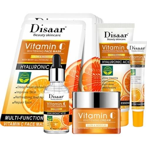 VC Facial Skin Care Set 5PCS Face Mask Facial Pack Facial Cleanser Eye Cream Face Cream Essence Anti Wrinkle Anti Aging Whiten