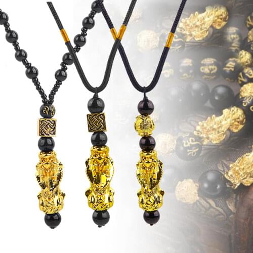Feng Shui Obsidian Stone Beads Pendant Necklace Men Women Unisex Gold Silver Pixiu Wealth and Good Luck Women Charm Necklace