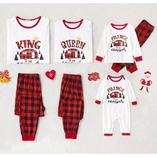 PatPat Christmas Cartoon Car and Letter Print Family Matching Long-sleeve Red Plaid Pajamas Sets (Flame Resistant)