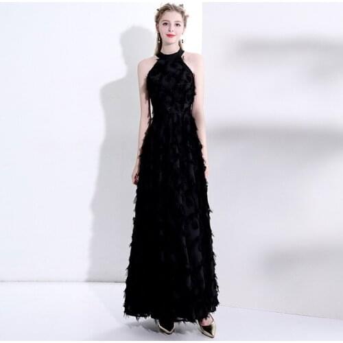 Special Occasion Dresses Vintage Halter Sleeveless A-Line Tulle Lace Luxury Black Elegant Floor-Length Nice Women Prom Gown E925