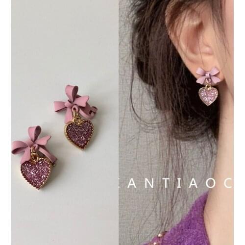 2020 New Korean style Purple Bow Sequin Love Heart Clip on Earrings Sweet Small Cute Heart-Shaped Clip Earrings without piercing