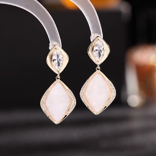 Statement Rhombus Opal Earrings for Female Fashion Wedding Jewelry Cubic Zirconia Crystal Dangle Temperament Stud Earings