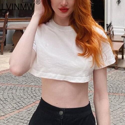 LVINMW O Neck Short Sleeve Solid Basic Super Short Tee Casual Slim Minimalist White Crop Top Women Simple Cotton Summer T Shirts