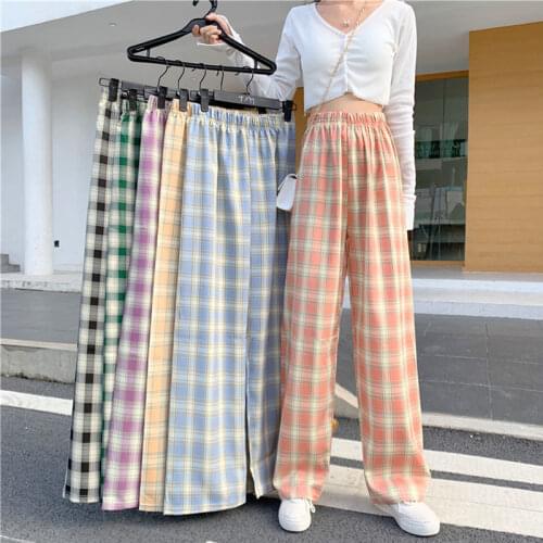 Women High Waist Plaid Straight Casual Pants