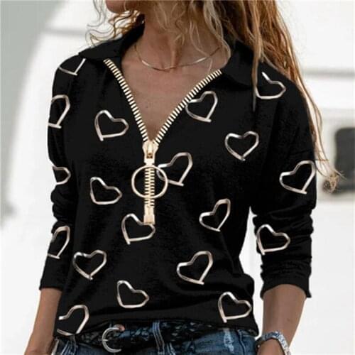 Women V-Neck Pullover Tops Heart Print Zipper T-shirt Women Autumn Casual Long Sleeve Top Lady Shirt Street Plus-Size
