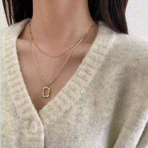 VENTFILLE 925 Sterling Silver Irregular Hollow Square Pendant Double Necklace Female Fashion Simple Clavicle Chain Light Luxury