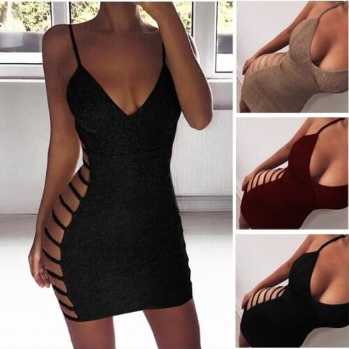 Women Sexy Bodycon Dress Sleeveless V Neck Spaghetti Strap Stretchy Package Hip Short Mini Dress Womens Club Dress Vestido