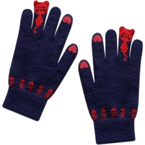 Winter Female Jacquard Cartoon Cat Plus Plush Thick Double Layer Driving Mitten Women Warm Stretch Knit Touch Screen Glove I93