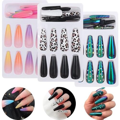 24Pcs False Nails with Rhinestones Design French Fake Nail Ballerina Long Coffin Artificial Nail Tips Full Cover Press on Nail
