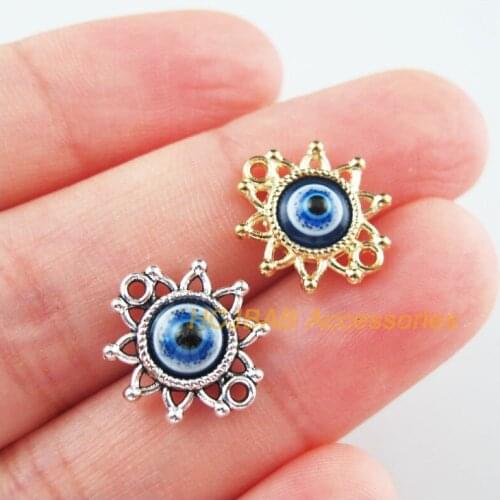 25Pcs Gold Tibetan Silver Tone Sun Flower Eye Resin Charms Connectors 14x15mm