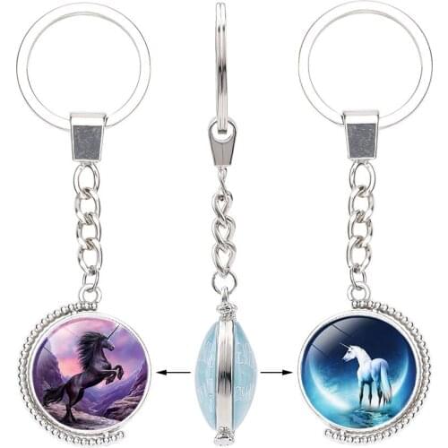 99mm Unicorn Keychain Men Women Purse Bag Car Jewelry Pendant Double Side Glass Cabochon Rotatable Key Chain Ring Holder