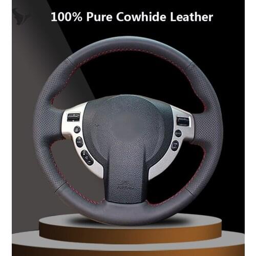 Black Genuine Leather Car Steering Wheel Cover for Nissan QASHQAI X-Trail NV200 Rogue