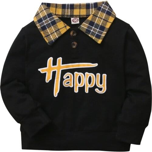 Kids Letter Plaid Print Sweatshirt Children Boy Girl Long Sleeve Lapel Neck Pullover with Button Fashion Spring Autumn Tops 2-7y