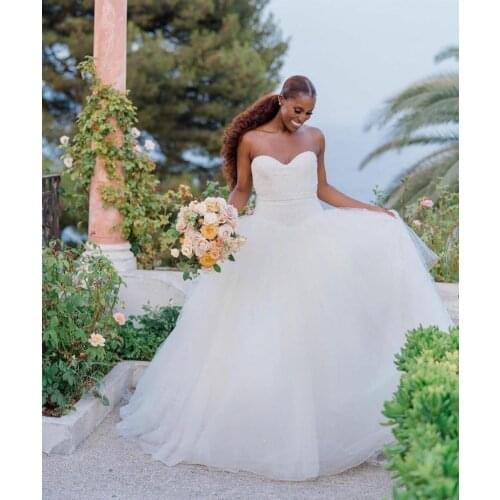 Elegant Long Lace Beaded Wedding Dresses A-Line Corset Back Tulle Robes De Mariée Bridal Gown For Women