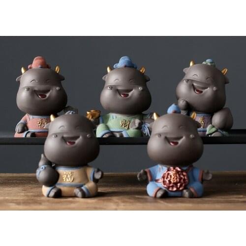 Purple Sand Tea Ornaments Creative Wufu Cattle Ornaments Handmade Tea Art Tea Set Tea Set Bonsai Kung Fu Tea Pet Mini Tea Set