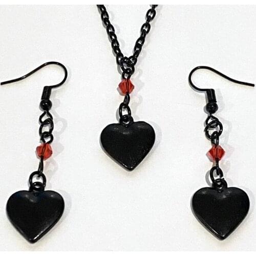 Hot sale 1 set of black heart-shaped necklace and earrings with red beads, Victorian Gothic style