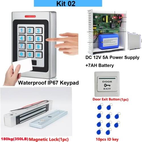 RFID Wapterproof card ketpad Access Control System sets DC12V 5A Power Supply w/ Backup Battery AC 100~240V 180kg Magnetic Lock