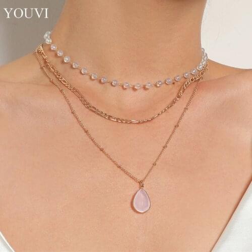 YOUVI Multilayer Chains Necklaces Opal Pendants Vintage Choker Necklace for Women Collier Femme Party Jewelry Charm