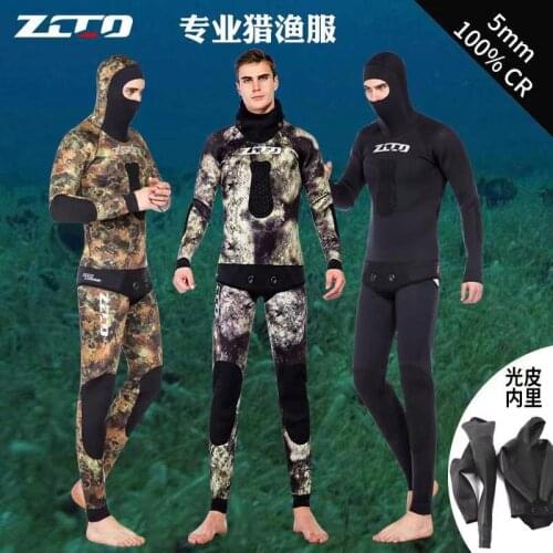 Two-piece Men Camouflage Wetsuit Swimwear with Headgear 5MM Neoprene Camo Scuba Diving Suit for Fishermen Spearfishing