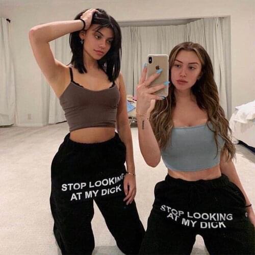 STOP LOOKING AT MY DICK Letter Print Pants Women Cotton Joggers High Waist Cargo Trouser Casual Loose Hip Hop Funny Sweatpants