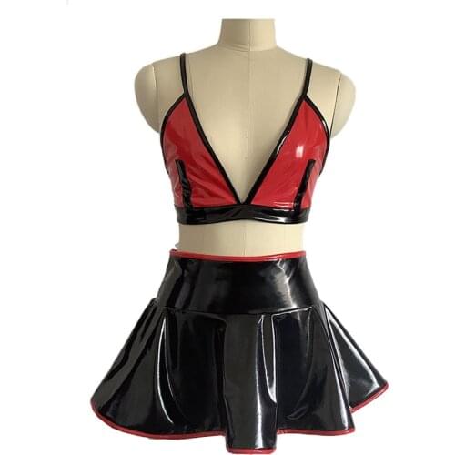 Bodycon Mini Skirt Night Club Dress PVC Black Red Patchwork Vinyl Two Pieces Set Deep V Neck Bikini set Mini Skirt Outfit 7xl