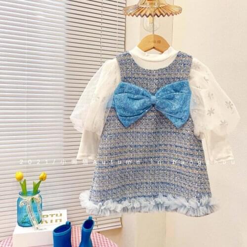 Autumn Girls Dress Children Bubble Sleeve Bottomed Shirt + Vest Dresses 2 Pieces Sets For 1-8 Years Old Girl