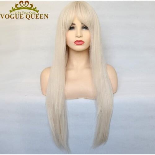 Vogue Queen Platinum Blonde Synthetic Silky Straight With Bangs Full Machine Made Wig Heat Resistant Fiber Cosplay For Women