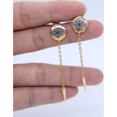 Stock free gift gold color jewlery geometric cz round spike charm unique evil eye earring for women fashion tassel chain earring