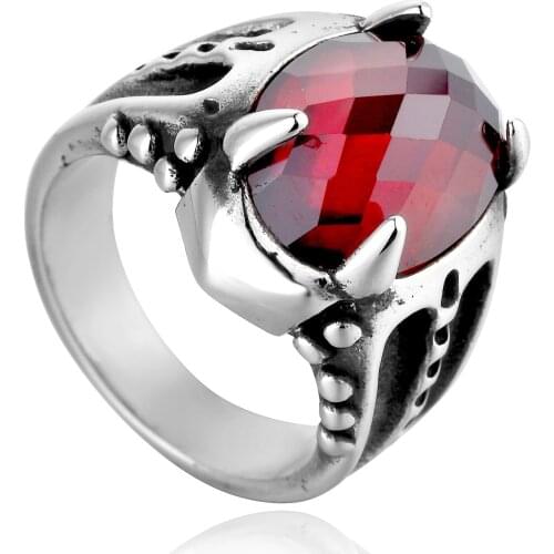 Hip hop Vintage Stainless Steel Mens Ring Punk Rock Dragon Talon Claw Style With Big Red Blue White Rhinestone Rings For Men