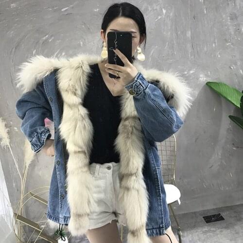 Real Coat Women Natural Rabbit Liner Raccoon Fur Collar Parka Womens Hooded Denim Jacket Chaqueta Hombre B450 YY457