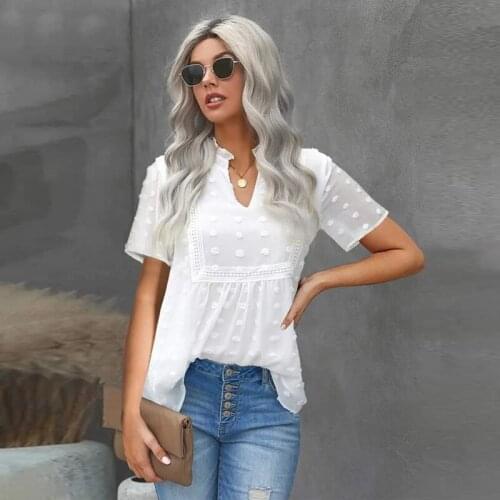 Womens Casual Chiffon Shirt Summer V-neck Loose Swiss Polka Dot Top Crochet Lace Solid Color Robe Top Boho Tops