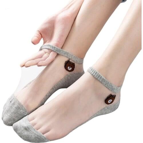Women Socks Summer Cartoon Bear Socks Colorful Glass Silk Boat Sock Soft Thin Transparent kawaii Animal Girl Female Ankle Soxs