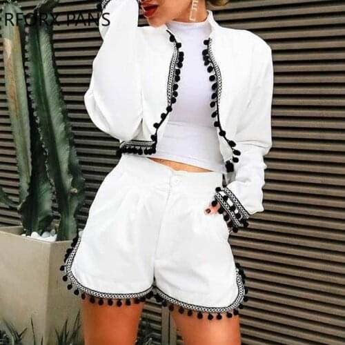 Women Casual Long Sleeve Tassel Fringe midriff outfit Short Sets