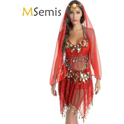 Womens Sparkling Sequin Tassels Outfits Belly Dance Performance Costume Halter Padded Bra Crop Top with Skirt Veil Headwear
