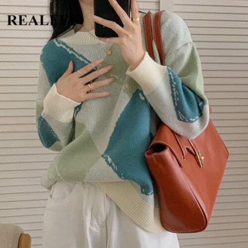 REALEFT 2021 New Autumn Winter Womens Pullovers Long Sleeve Diamond Grid Casual Loose O-Neck Elegant Lady Sweaters Female Tops