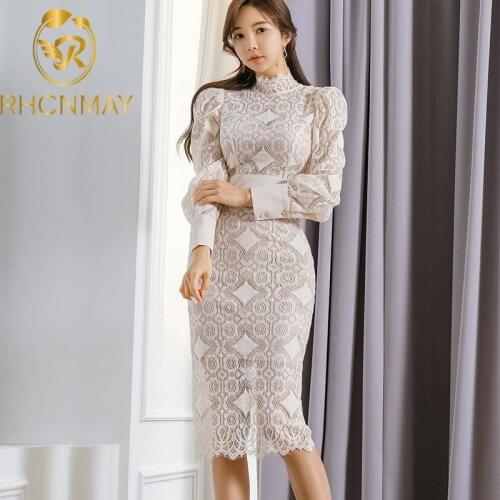 Korean Fashion Summer Bodycon Pencil Dress Women Stand Collar Long Sleeve Patchwork Lace Dress Office Ladies Clothing