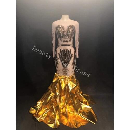 Womens New Gold Stones Sequins Mesh Dress Birthday Celebrate Show Outfit Female Singer One-piece Wear Sexy Long Tail Dress