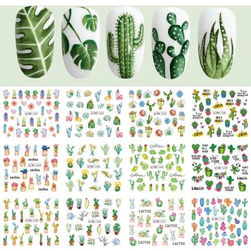 4 or 12pcs Cactus Water Decals Nail Sticker Green Plant Leaf Watermark Flakes Slider Tattoo Nail Art Decoration LABN1261-1272-1