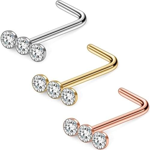 20G Surgical Steel Triple Linear Gem Ball Round CZ Nose Stud Rings L Shaped Piercing Jewelry 3PCS