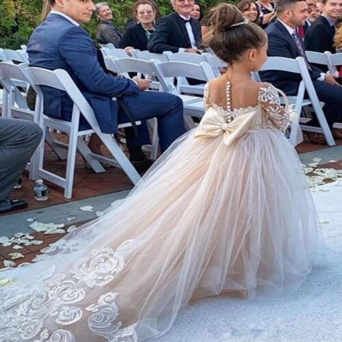 2020 Tulle Flower Girl Dress with Bow Lace Appliques Long Sleeve For Wedding Birthday Ball Gown First Holy Communion Dresses