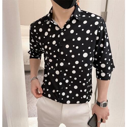 2021 Summer Mens Fashion Dot Printed Medium Sleeves Shirts Social Style Camisa Masculina Streetwear Clothes Shirts Size M-3XL