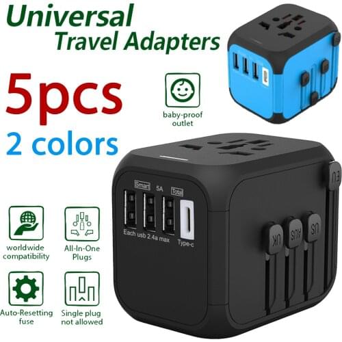 5 Pcs Plug 309T Travel Adapter International Universal Power Adapter All-in-one 5V 2.4A USB Type-c US UK EU AU Asia USB Charger