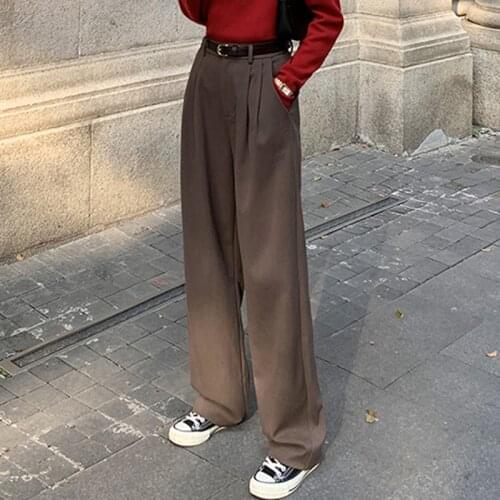 Retro Straight Wide Leg Brown Pants Vintage Female Spring New Korean Fashion High Waist Casual Long Coffee Pants White Trousers