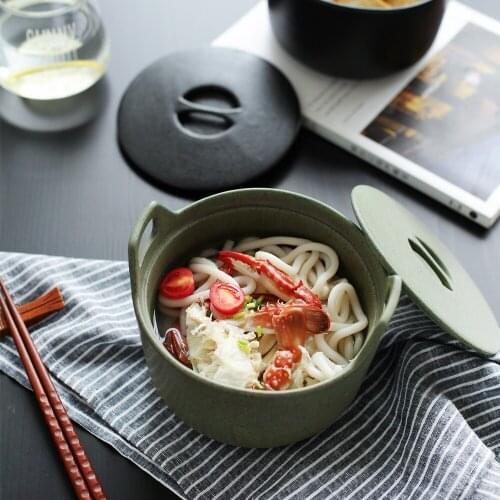 Japanese Style Retro Bamboo Blue Ceramic Double Ear Bowl With Cover Cooking Pot Ollas De Cocina