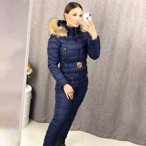 New Fashion Winter Womens Hooded Jumpsuits Parka Cotton Padded Warm Sashes Ski Suit Straight Zipper One Piece Casual Tracksuits