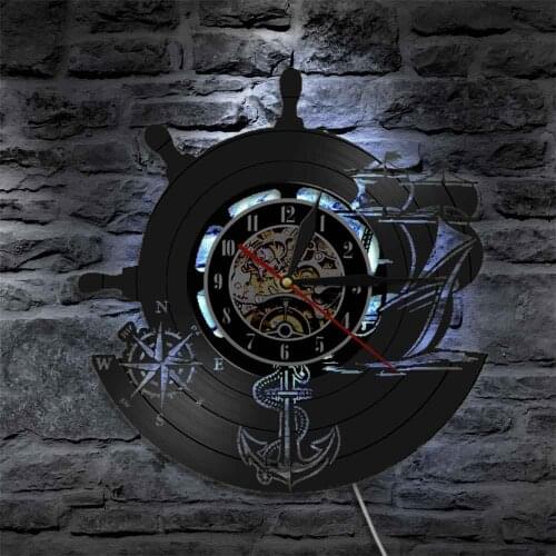 Anchor Ship Wall Clock Compass Clock Yacht Anchor Ship Wheel Sailing Blueprint Nautical Wall Art Vintage Poster Sailor Gifts